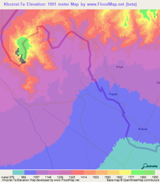 Khozret-Ta,Uzbekistan Elevation Map