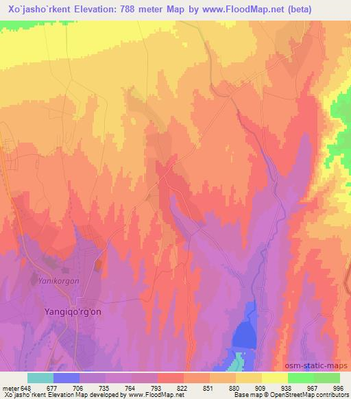 Xo`jasho`rkent,Uzbekistan Elevation Map