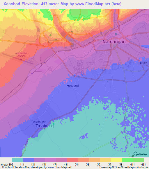 Xonobod,Uzbekistan Elevation Map