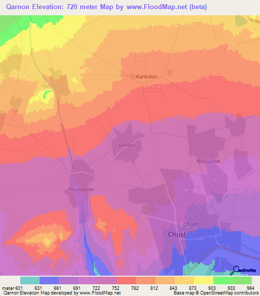 Qarnon,Uzbekistan Elevation Map