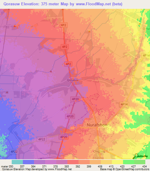 Qorasuw,Uzbekistan Elevation Map