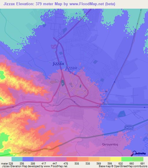 Jizzax,Uzbekistan Elevation Map