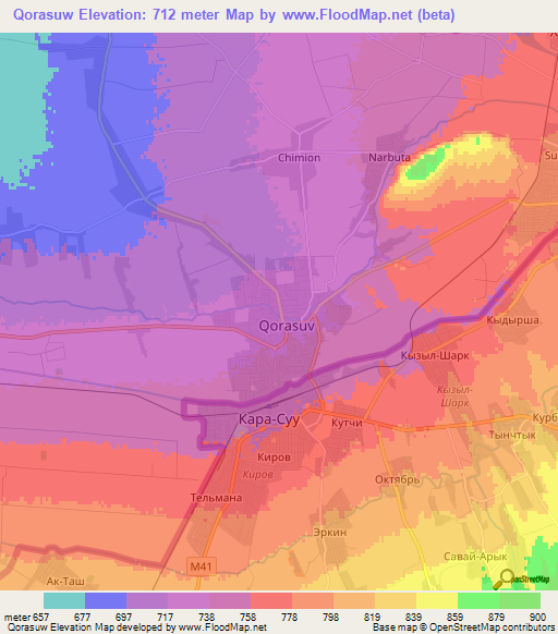 Qorasuw,Uzbekistan Elevation Map