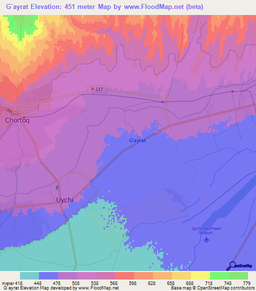 G`ayrat,Uzbekistan Elevation Map