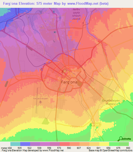 Farg`ona,Uzbekistan Elevation Map