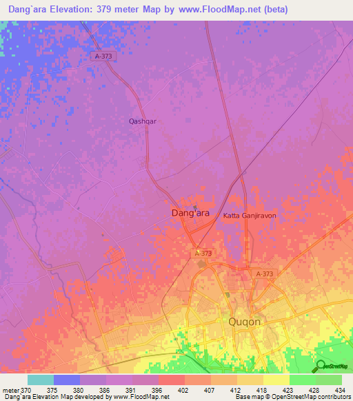 Dang`ara,Uzbekistan Elevation Map