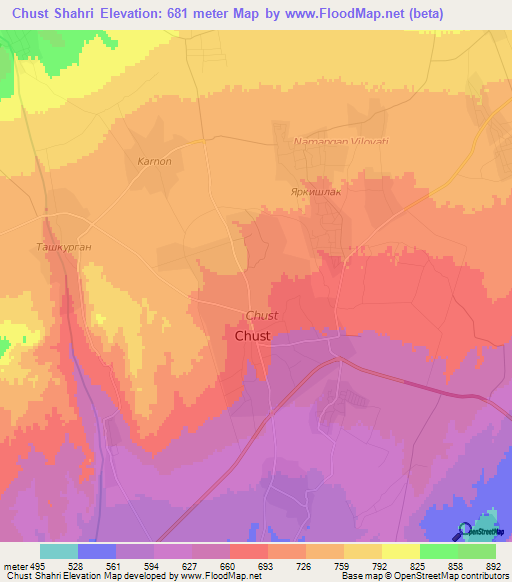 Chust Shahri,Uzbekistan Elevation Map