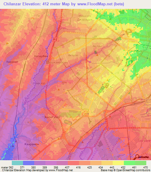 Chilanzar,Uzbekistan Elevation Map