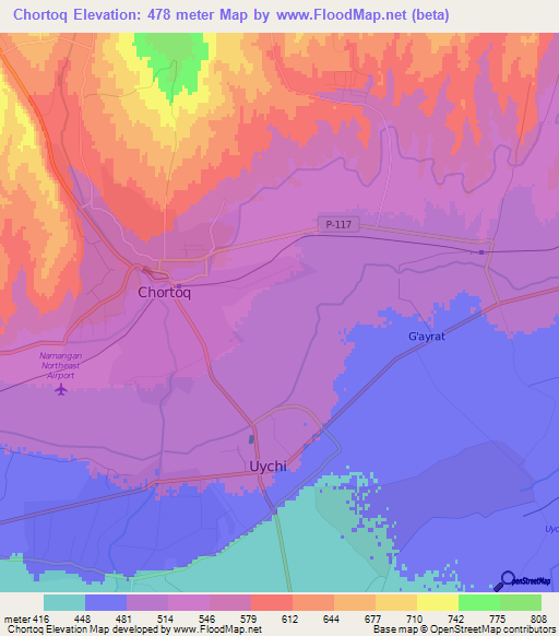 Chortoq,Uzbekistan Elevation Map