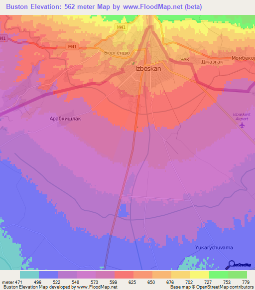 Buston,Uzbekistan Elevation Map