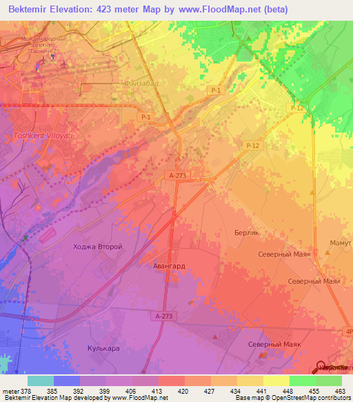 Bektemir,Uzbekistan Elevation Map