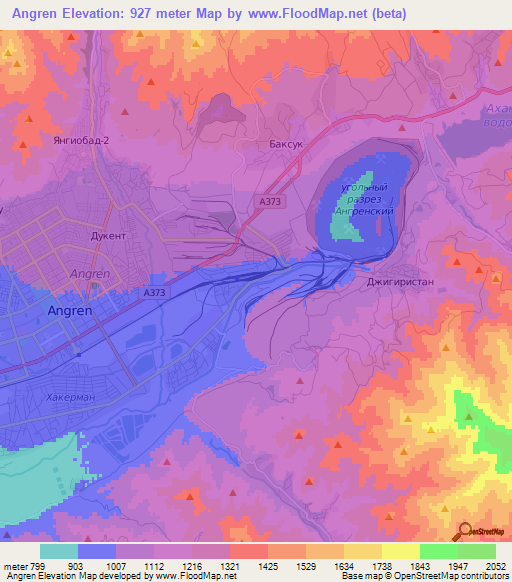 Angren,Uzbekistan Elevation Map