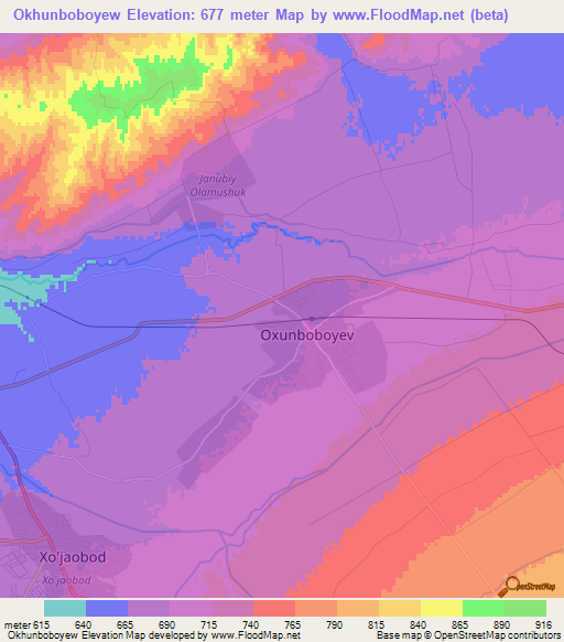 Okhunboboyew,Uzbekistan Elevation Map