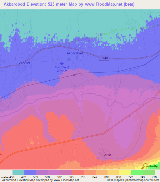 Akbarobod,Uzbekistan Elevation Map