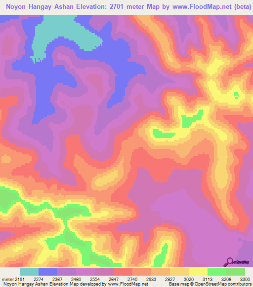 Noyon Hangay Ashan,Mongolia Elevation Map