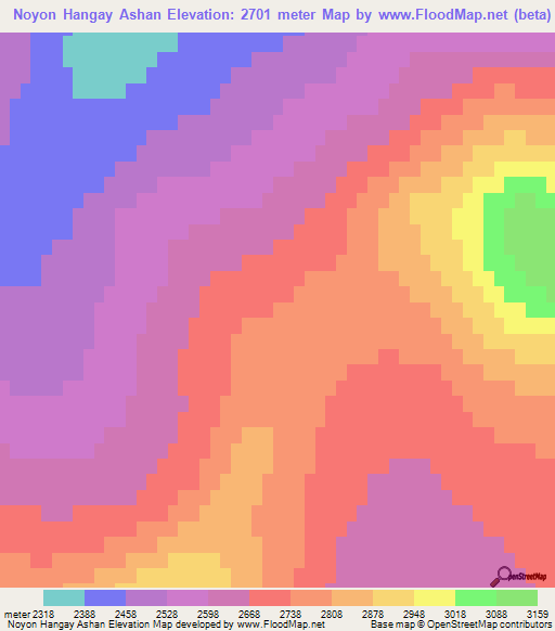 Noyon Hangay Ashan,Mongolia Elevation Map