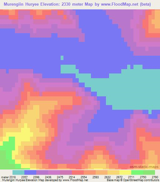 Murengiin Huryee,Mongolia Elevation Map