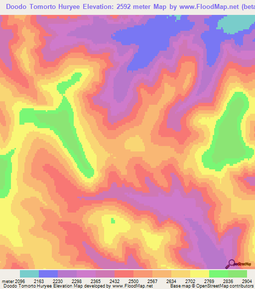 Doodo Tomorto Huryee,Mongolia Elevation Map