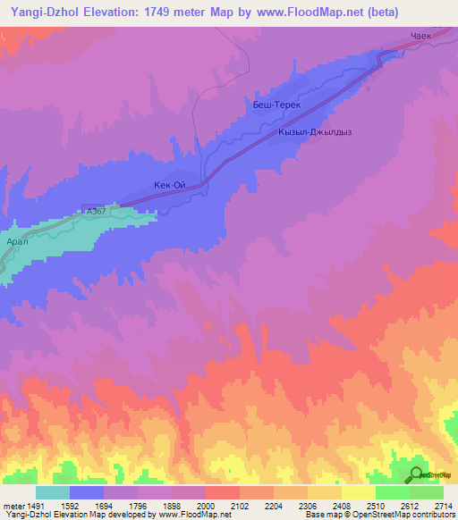 Yangi-Dzhol,Kyrgyzstan Elevation Map