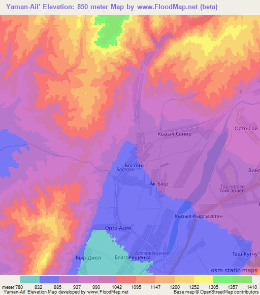 Yaman-Ail',Kyrgyzstan Elevation Map