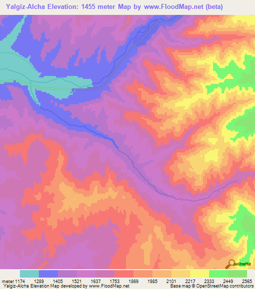 Yalgiz-Alcha,Kyrgyzstan Elevation Map