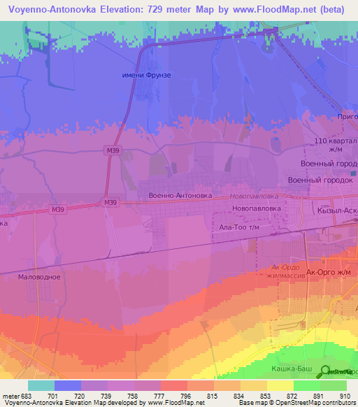 Voyenno-Antonovka,Kyrgyzstan Elevation Map