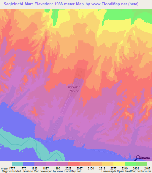 Segizinchi Mart,Kyrgyzstan Elevation Map