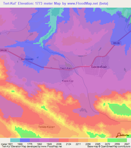 Tert-Kul',Kyrgyzstan Elevation Map