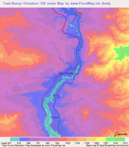 Tash-Kumyr,Kyrgyzstan Elevation Map