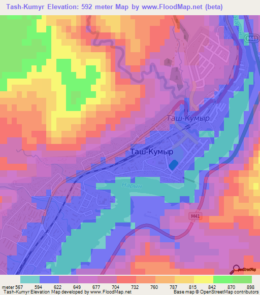 Tash-Kumyr,Kyrgyzstan Elevation Map