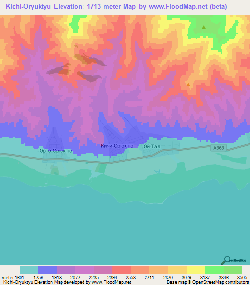 Kichi-Oryuktyu,Kyrgyzstan Elevation Map