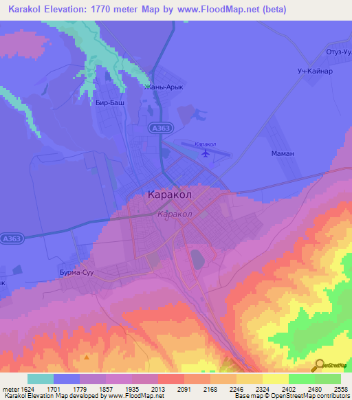 Karakol,Kyrgyzstan Elevation Map