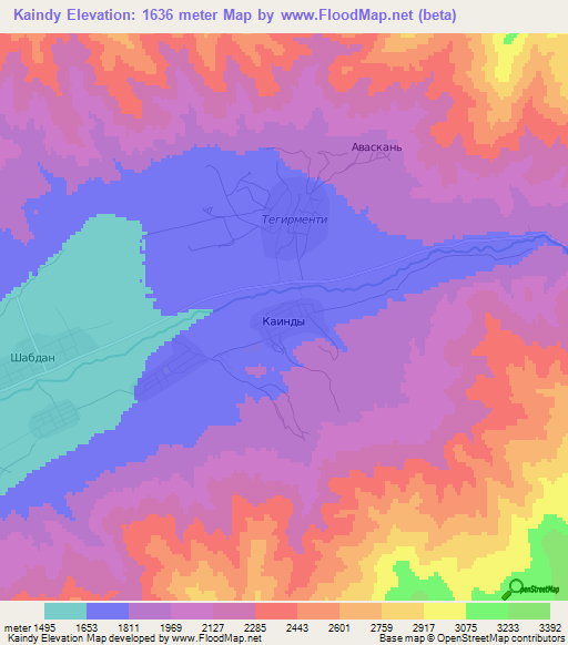 Kaindy,Kyrgyzstan Elevation Map