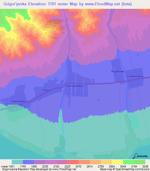 Grigor'yevka,Kyrgyzstan Elevation Map