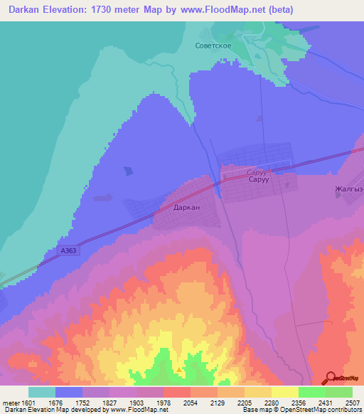 Darkan,Kyrgyzstan Elevation Map