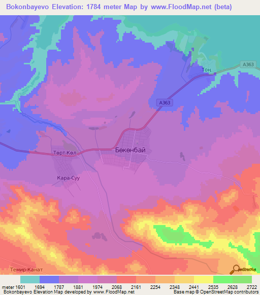 Bokonbayevo,Kyrgyzstan Elevation Map