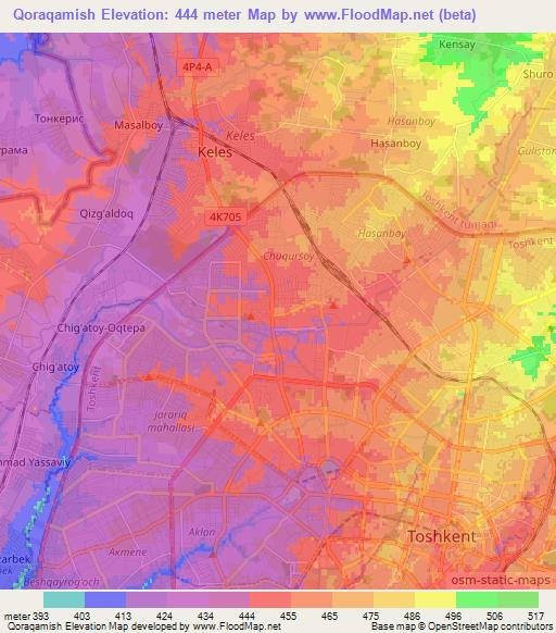 Qoraqamish,Uzbekistan Elevation Map