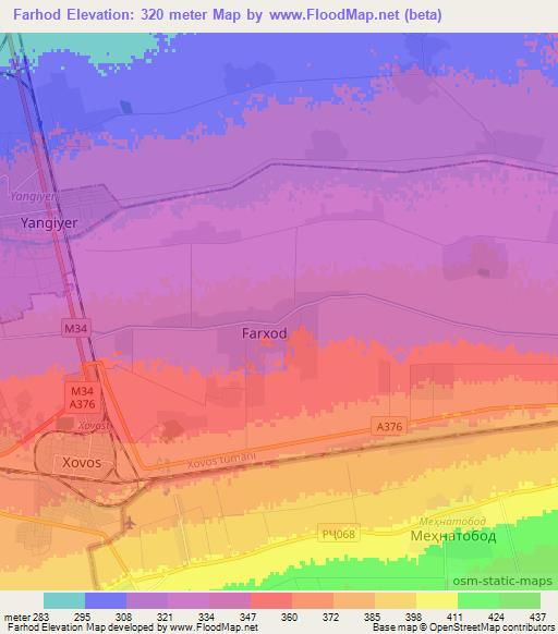 Farhod,Uzbekistan Elevation Map