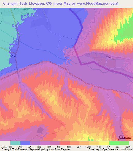 Changhir Tosh,Uzbekistan Elevation Map