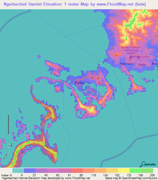 Ngerbeched Hamlet,Palau Elevation Map