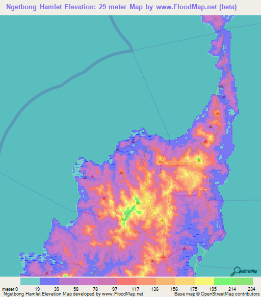 Ngetbong Hamlet,Palau Elevation Map