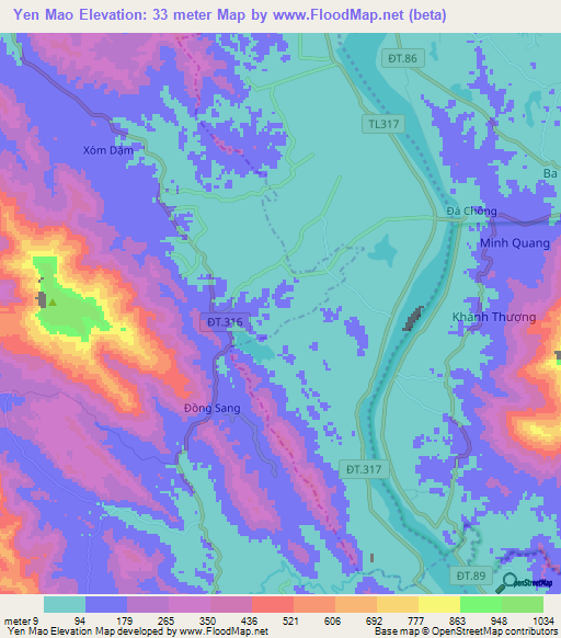 Yen Mao,Vietnam Elevation Map