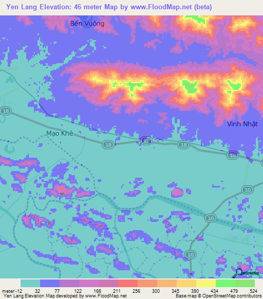 Yen Lang,Vietnam Elevation Map