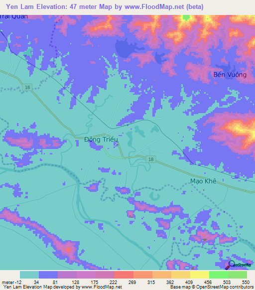 Yen Lam,Vietnam Elevation Map