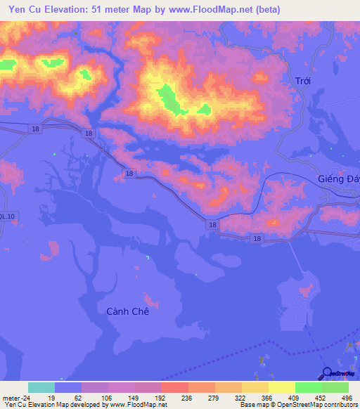 Yen Cu,Vietnam Elevation Map