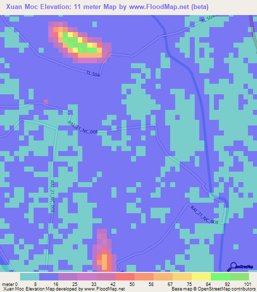 Xuan Moc,Vietnam Elevation Map