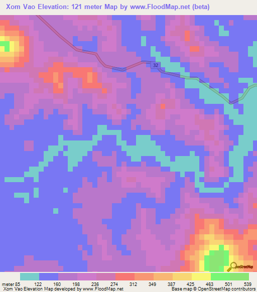 Xom Vao,Vietnam Elevation Map