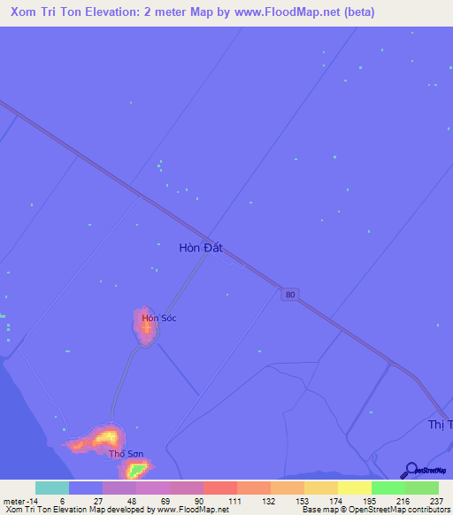 Xom Tri Ton,Vietnam Elevation Map