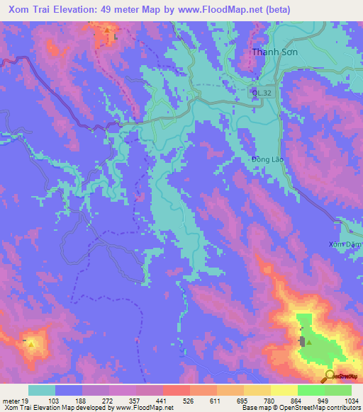 Xom Trai,Vietnam Elevation Map