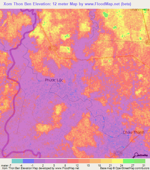 Xom Thon Ben,Vietnam Elevation Map